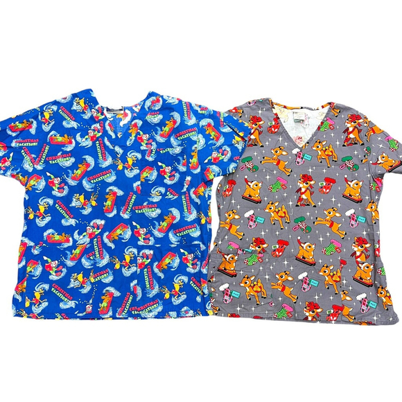 Rudolph The Red Nosed Reindeer Tops - Womens Christmas Scrub Top Set of 2 Medium Rudolph & Vacation Santa V Neck